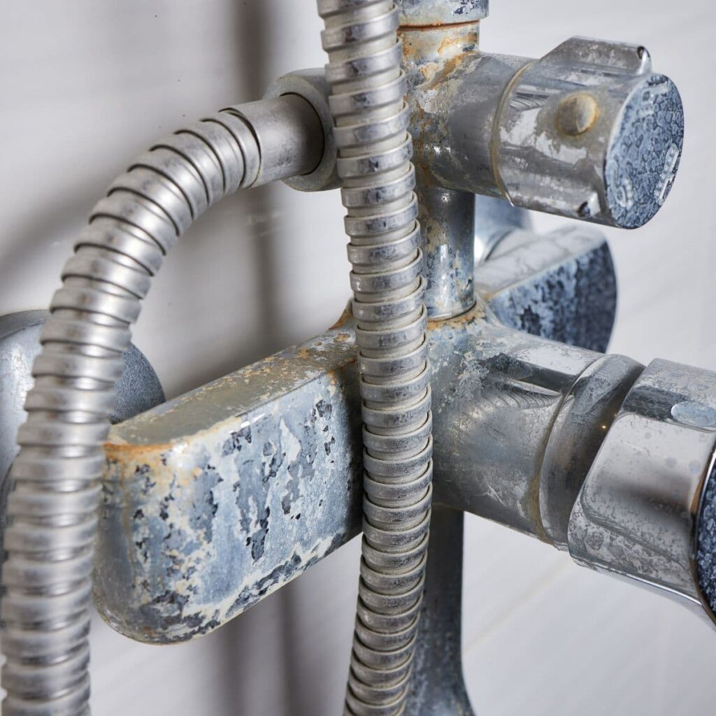 Shower fixture with heavy white mineral buildup and corrosion
