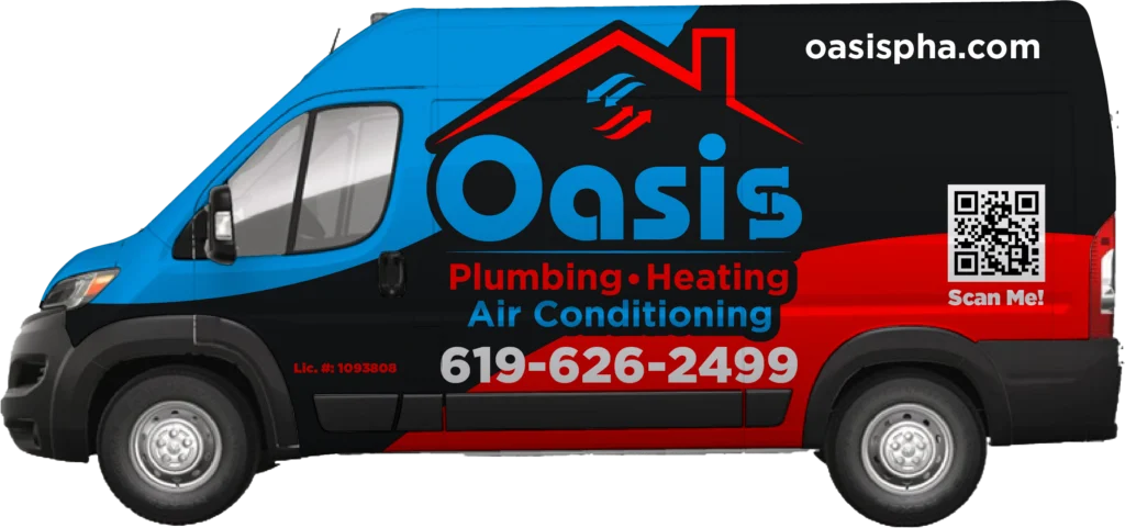 Graphic rendering of Oasis service van with branding, contact info, and QR code on transparent background