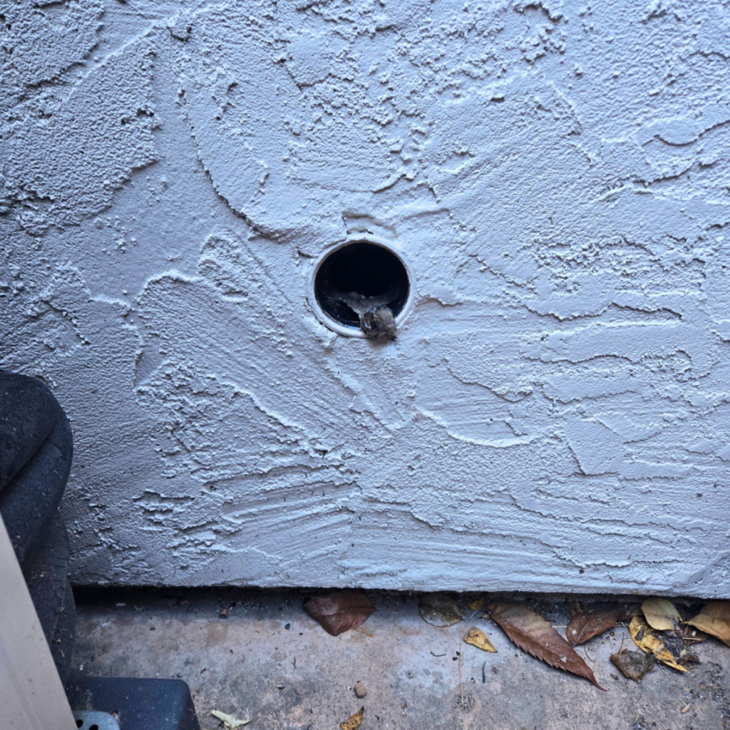 Close-up of a wall drain outlet with visible dirt and debris buildup around the opening