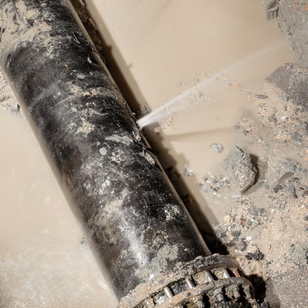 Close-up of a leaking underground water pipe spraying a stream of water through a crack
